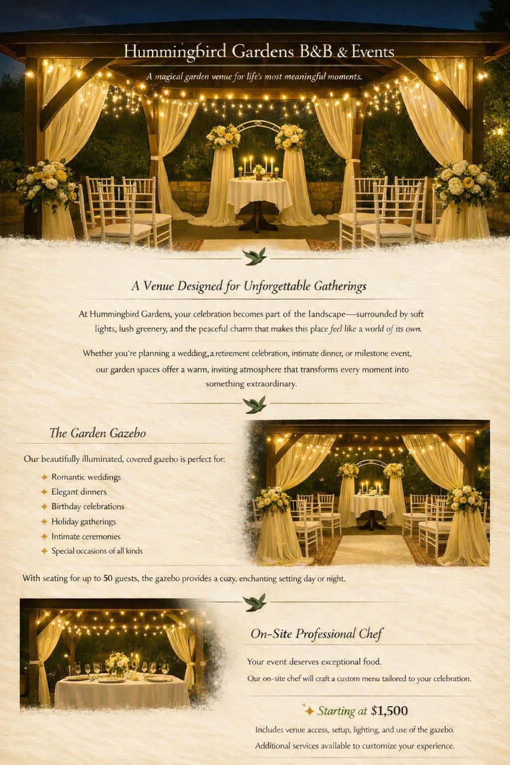 Wedding ceremony gazebo at Hummingbird Gardens