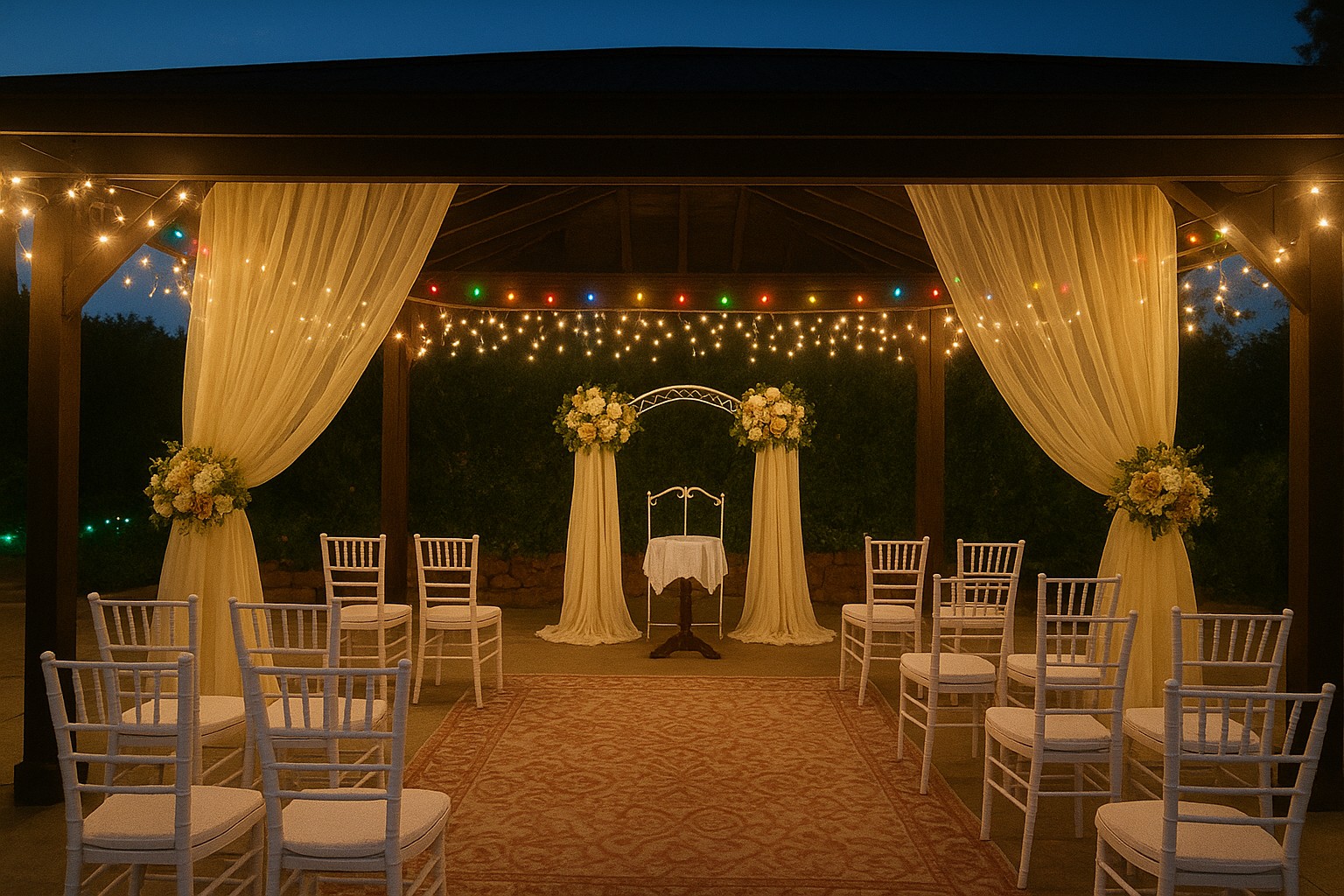 Outdoor wedding setup under a pergola with lights and flowers